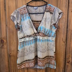 Rave Blouse Womens Small Brown Blue Excellent Paisley Empire Waist Sheer Top